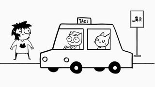 A screenshot of the experience "Sarah Andersen Comics 'After Owning a Cat,' in partnership with An Infinite Story" showing Sarah staring at a taxi driven by a cat.