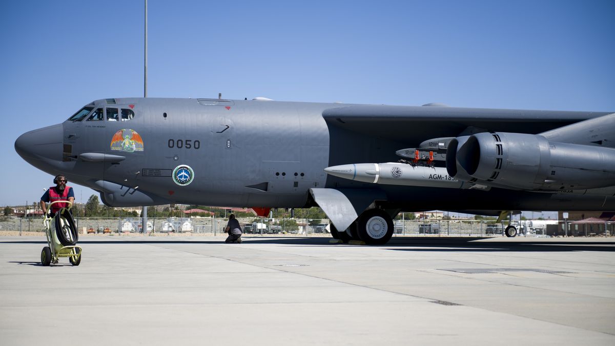 A B-52H Stratofortress undergoes pre-flight procedures at Edwards Air Force Base, California on Aug. 8, 2020, before a captive-carry flight test of the AGM-183A Air-launched Rapid Response Weapon (ARRW) Instrumented Measurement Vehicle 2 off the Southern California coast. An ARRW prototype was supposed to conduct its first powered flight on April 5, 2021, but did not deploy from its B-52H as planned.