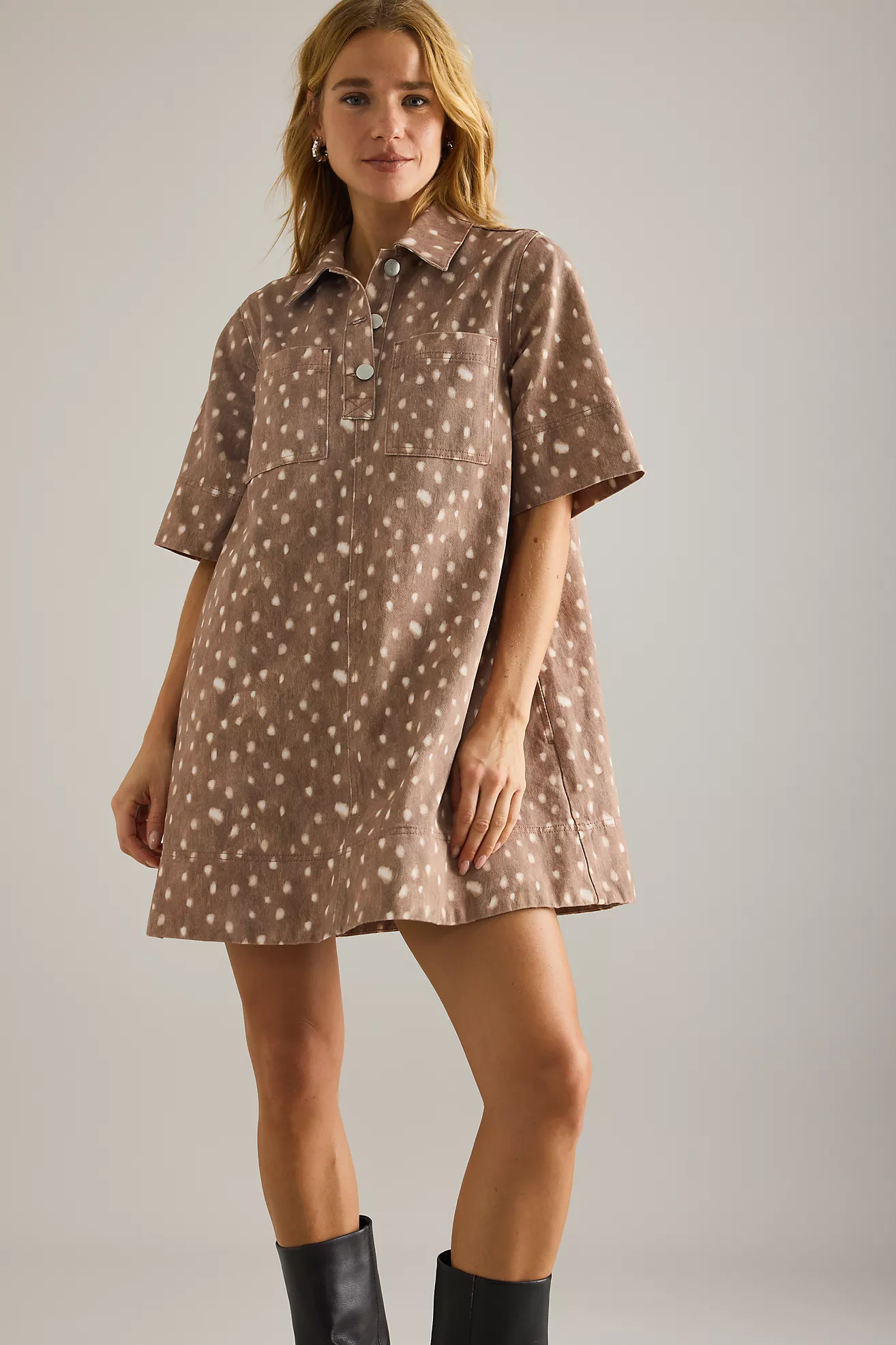 By Anthropologie Deer Print Denim Mini Dress