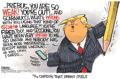Political cartoon U.S. Trump tweets Scaramucci Priebus Sessions