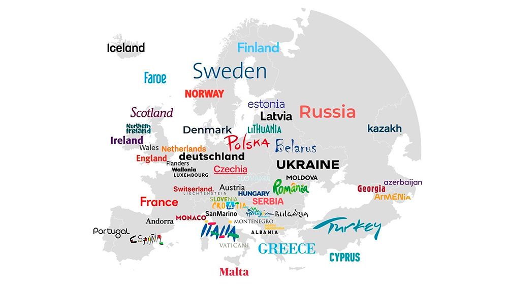 A map of tourism logo fonts in Europe