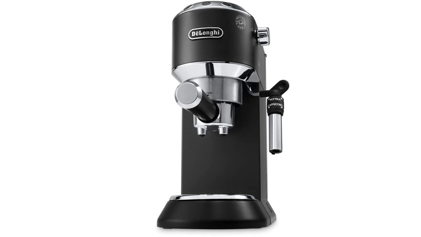 Kaffemaskinen De'Longhi Dedica Style EC685 i svart mot en hvit bakgrunn.