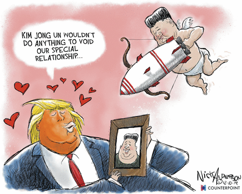 Political Cartoon U.S. Trump Kim Jong Un Cupid Nuclear Rocket Arrows