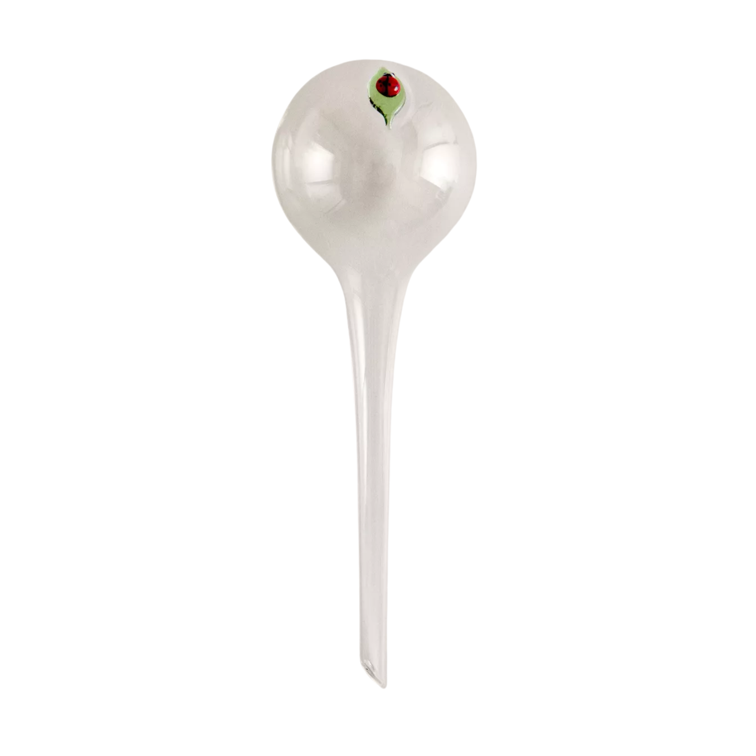 A clear glass bulb with a ladybug design for watering plants