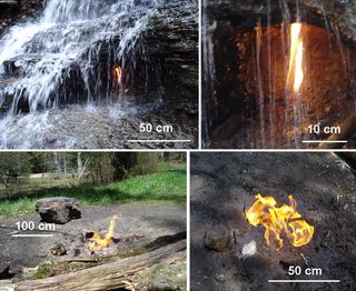 The eternal flame behind the veil of a waterfall in Chestnut Ridge County Park in New York State (top) and in Cook Forest State Park in northwestern Pennsylvania (bottom).
