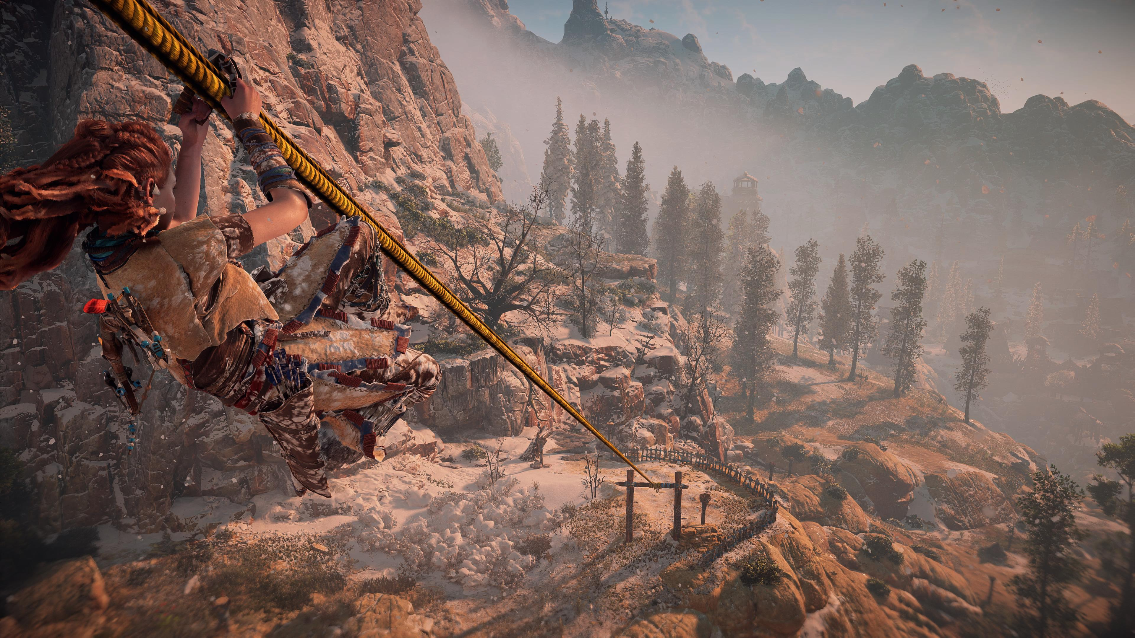 Aloy ziplining in Horizon Forbidden West Remastered