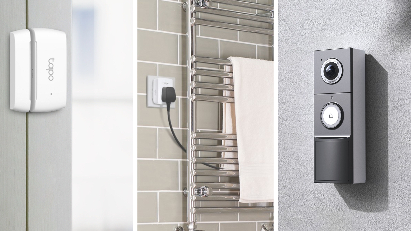 Composite image of Tapo window sensor, smart plug and video doorbell