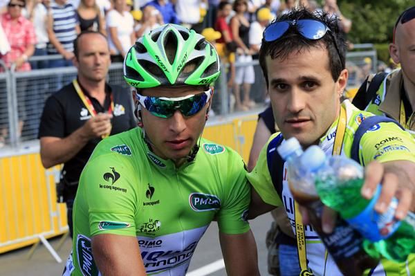 Peter Sagan (Liquigas-Cannondale) makes his way to the podium after stage 10.