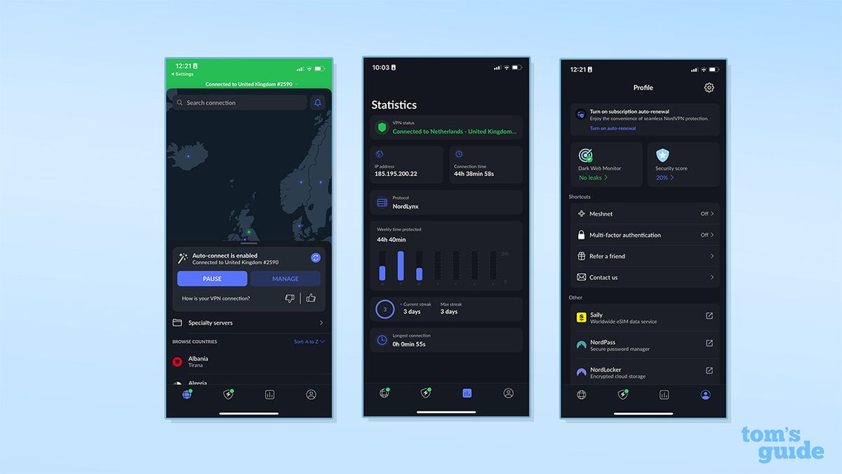 Three screenshots of NordVPN's iOS app on a blue background. The first screenshot shows the app connected to a UK server. The second shows the "statistics" tab, and the third shows the "profile" tab.