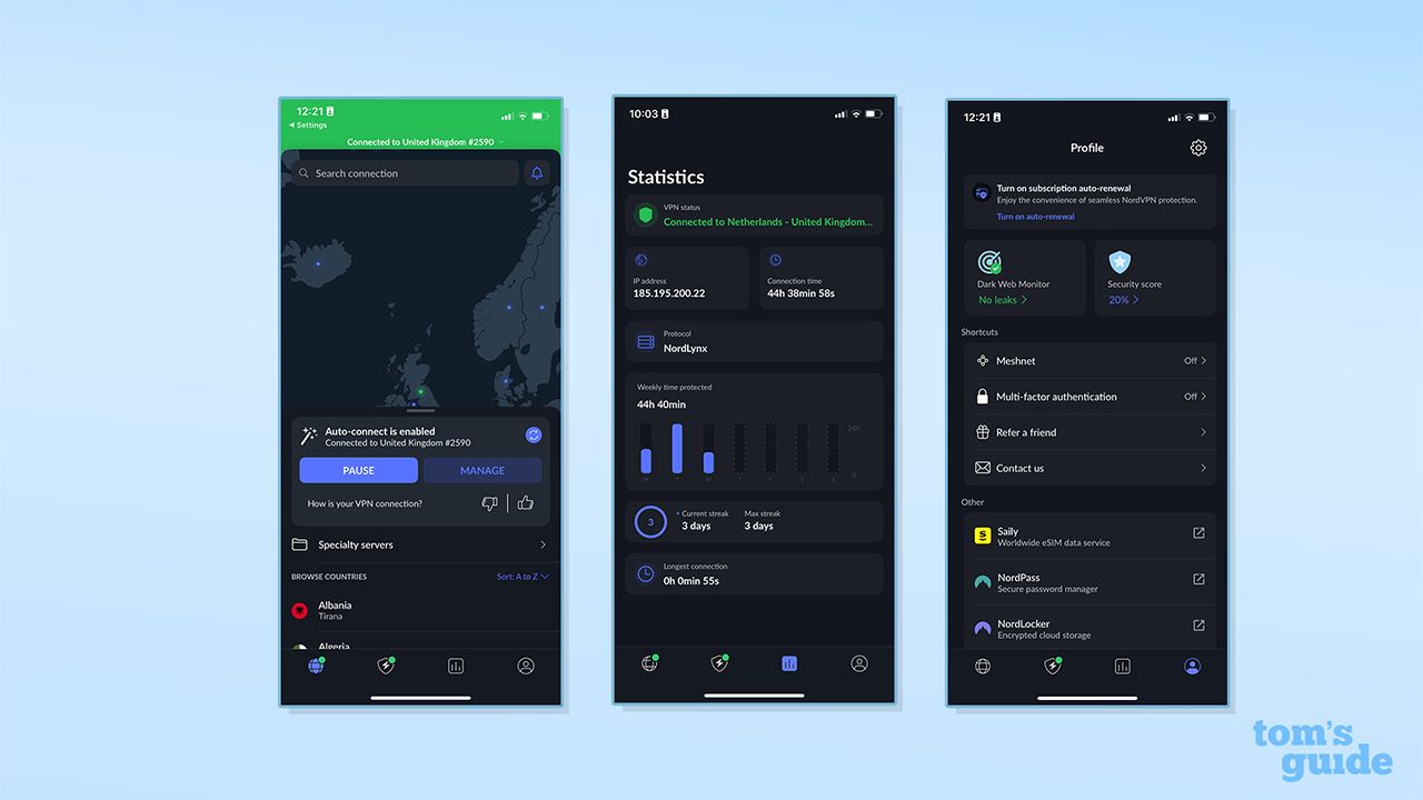 Three screenshots of NordVPN's iOS app on a blue background. The first screenshot shows the app connected to a UK server. The second shows the "statistics" tab, and the third shows the "profile" tab.