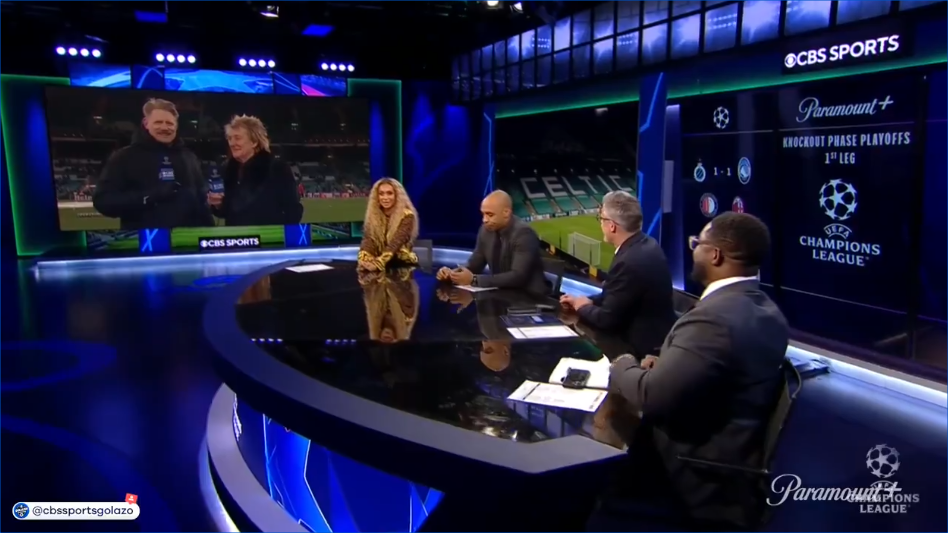 The CBS studio during their Champions League interview with Rod Stewart