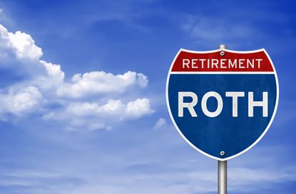 A highway route sign says "Retirement: Roth."