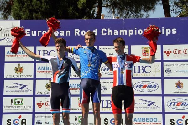 Podium for U23 men's European time trial championship (l-r): Bob Jungels (Luxembourg), Yoann Paillot (France) and Stake Laengen Vegard (Norway).