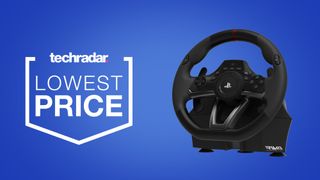 Hori Apex Racing Wheel on blue background next to TechRadar lowest price badge