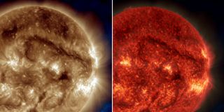 NASA's SDO captured these images of a filament of solar material in extreme UV light on Sept. 30, 2014. The different colors indicate different wavelengths of light and different temperatures of the solar material. Image released on Oct. 3, 2014.