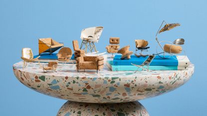 Miniature chairs made for Champagne Chair Contest, from corks, wrappers and wire