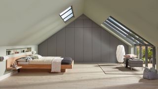 loft bedroom with fitted wardrobes