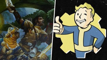 Warriors charge into battle in Pathfinder, alongside the Vault Boy with a thumbs-up