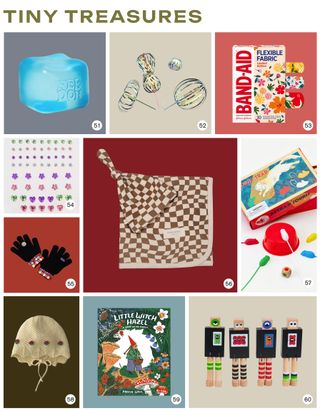 chic holiday kids gift guide collage with toys, books, and baby accessories under $50