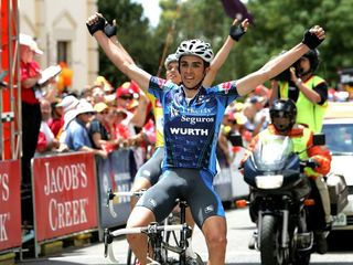 Alberto Contador celebrates his first professional victory at the Tour Down Under in 2005