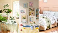 Three examples of spring home decor ideas including, a white dining area with a large window, a white decorative fireplace, a mint green dining table with wooden looped chairs either side and white dinnerware on it, and indoor plants on and around the table, a dining area with six colorful wall art prints, a pink door, a mint green wall shelf, and a yellow checked dining table with a pink lamp, blue and white striped vase with flowers, a plate of lemons, and blue chairs, and peach pink bedroom with white pink tulip patterned bedding with pillows and a duvet, a sage green throw over the bed, and a white tablelamp to the left and a dark wooden nightstand to the right