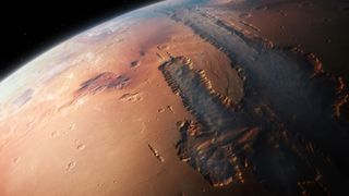 Illustration of an oblique view of the giant Valles Marineris canyon system on Mars. The Valles Marineris is over 3000 km long and up to 8 km deep, dwarfing the Grand Canyon of Arizona.
