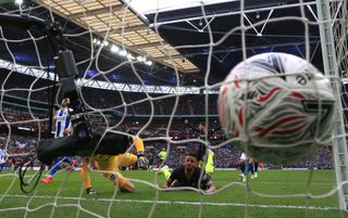 Gabriel Jesus, centre, headed the only goal when Brighton lost out to City in the 2019 FA Cup semi-finals