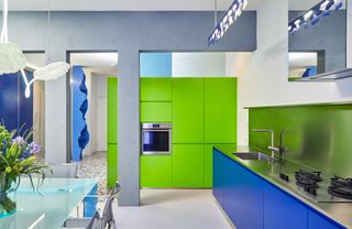 digital green kitchen with chrome countertops