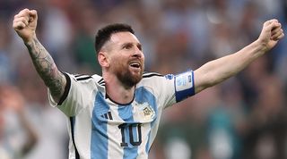 Lionel Messi celebrates after scoring Argentina's third goal and his second in the 2022 World Cup final against France.