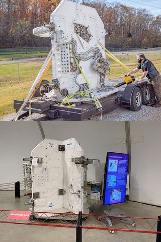 Before and after: At top, the Astro cruciform before being restored in November 2020. At bottom, the restored cruciform at the U.S. Space & Rocket Center in March 2021.