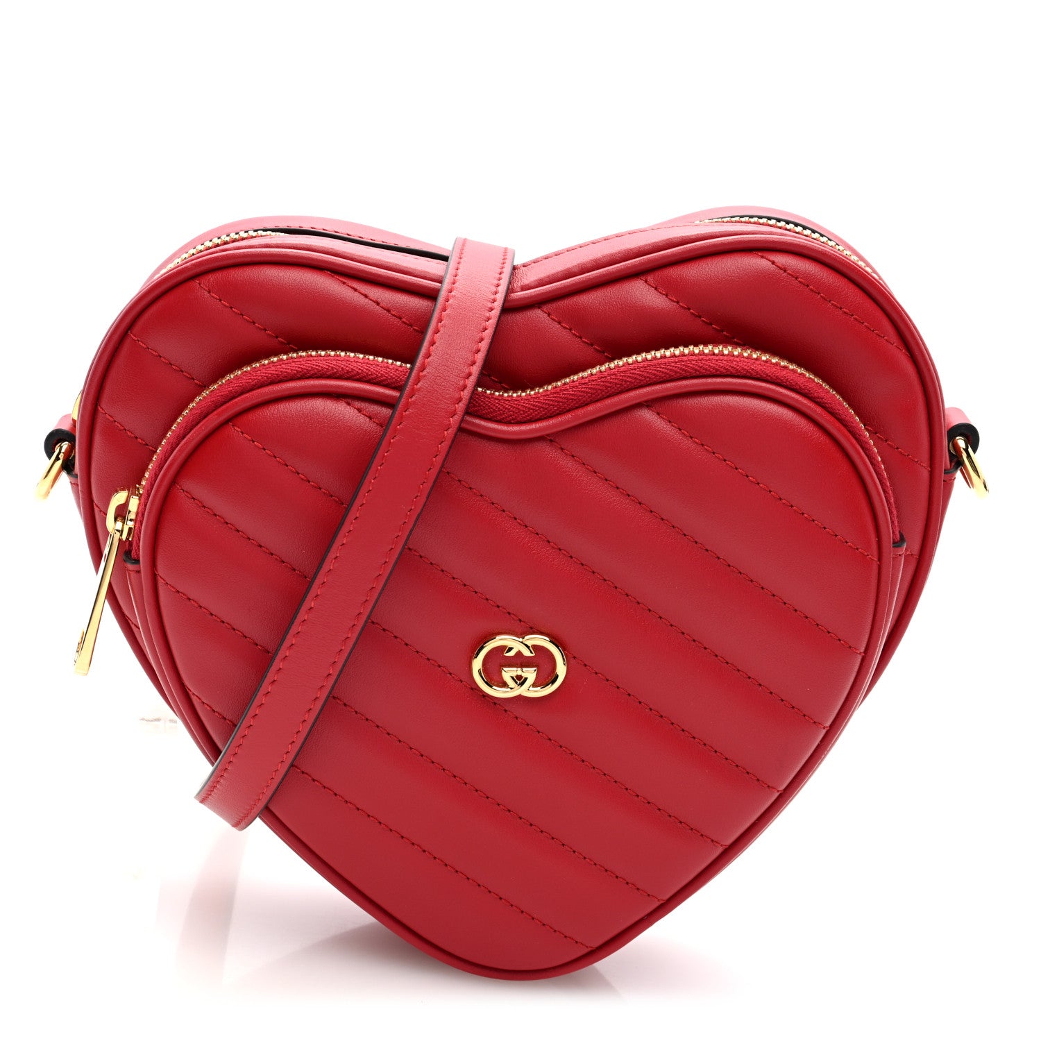 Calfskin Matelasse Diagonal Mini Interlocking G Heart Shoulder Bag Hibiscus Red