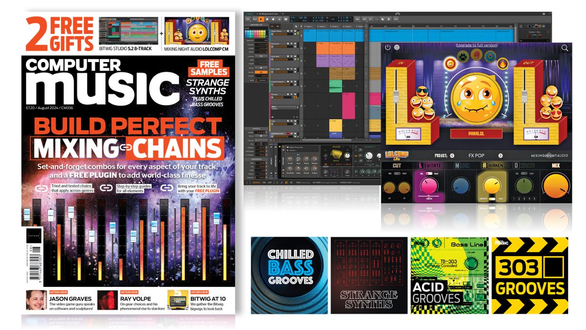 the cover of Computer Music magazine alongside screengrabs of the interfaces of this month&#039;s software and samples