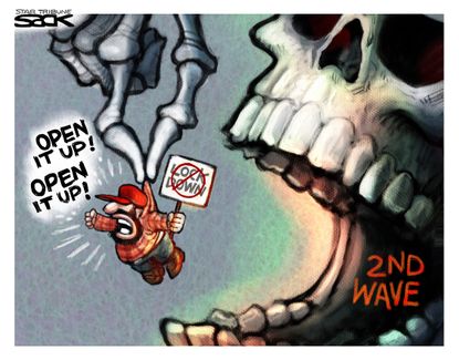 Political Cartoon U.S. Open up the economy protest second wave coronavirus victims