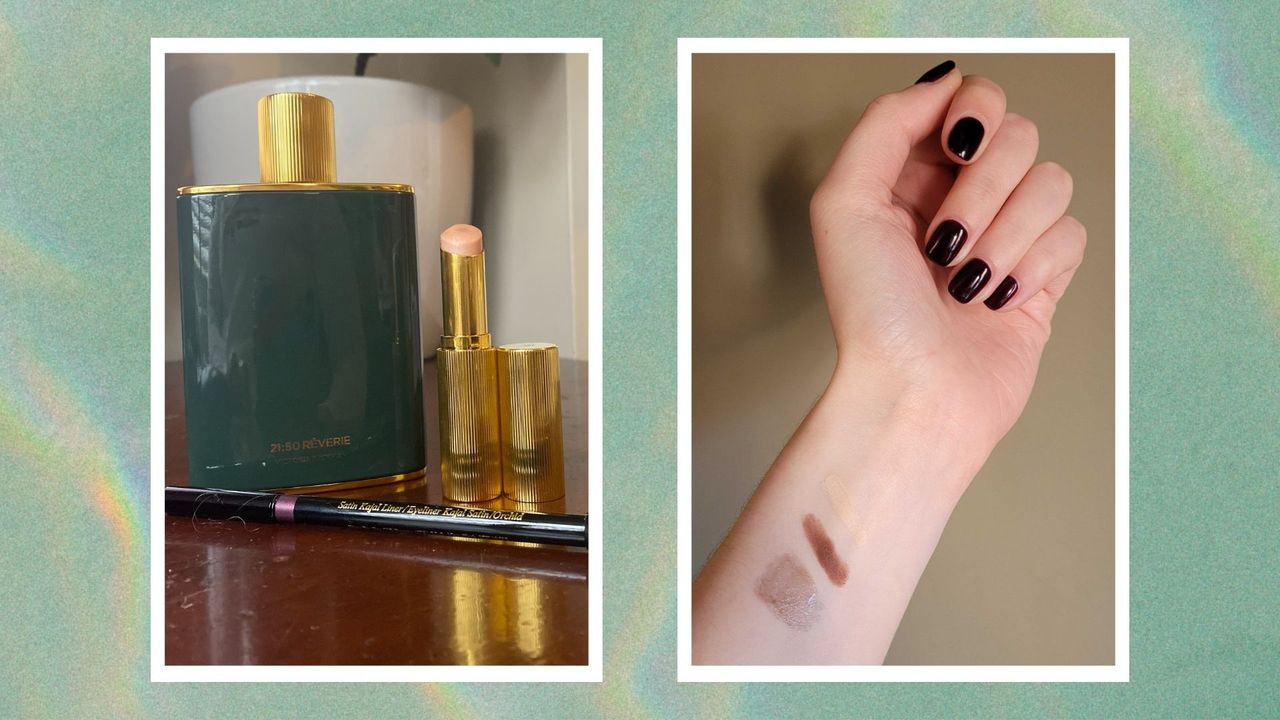 A green holographic frame with an image of three victoria beckham beauty products - 12:51 fragrance, highlighter stick and satin kajal eyeliner, then an image of a hand with makeup swatched onto the skin