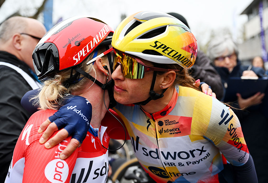 WEVELGEM, BELGIUM - MARCH 29: Race winner Lorena Wiebes of Netherlands and Team SD Worx - Protime reacts with her teammate Barbara Guarischi of Italy after the 13th In Flanders Fields - From Middelkerke to Wevelgem 2026 - Women's Elite a 135.2km one day race from Wevelgem to Wevelgem / #UCIWWT / on March 29, 2026 in Wevelgem, Belgium. (Photo by Luc Claessen/Getty Images)