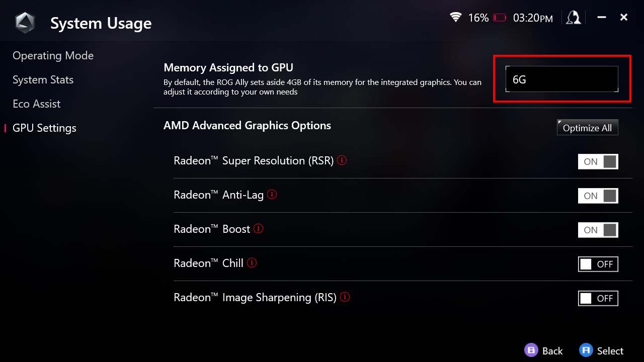 Memória ROG Ally atribuída à GPU 6G