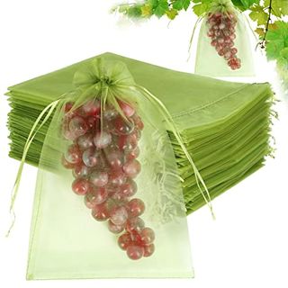 100pcs Fruit Protection Bags 8x12 inch, Green Netting Cover Bags Drawstring Mesh Fruit Protectors Pest Barrier for Grapes Mango Fruit Trees Veggies Garden