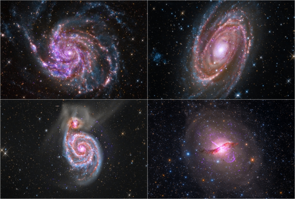 The pictures of Centaurus A (lower right), M101 (upper left), M81 (upper right) and M51 (lower left) were created with photos taken by amateur astrophotographers and NASA spacecraft. Image uploaded May 5, 2014. 