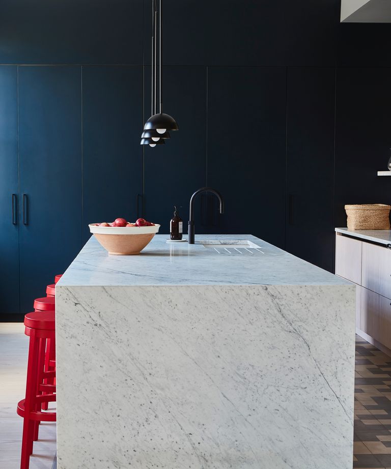 Drake's kitchen features one of the largest islands we've ever seen