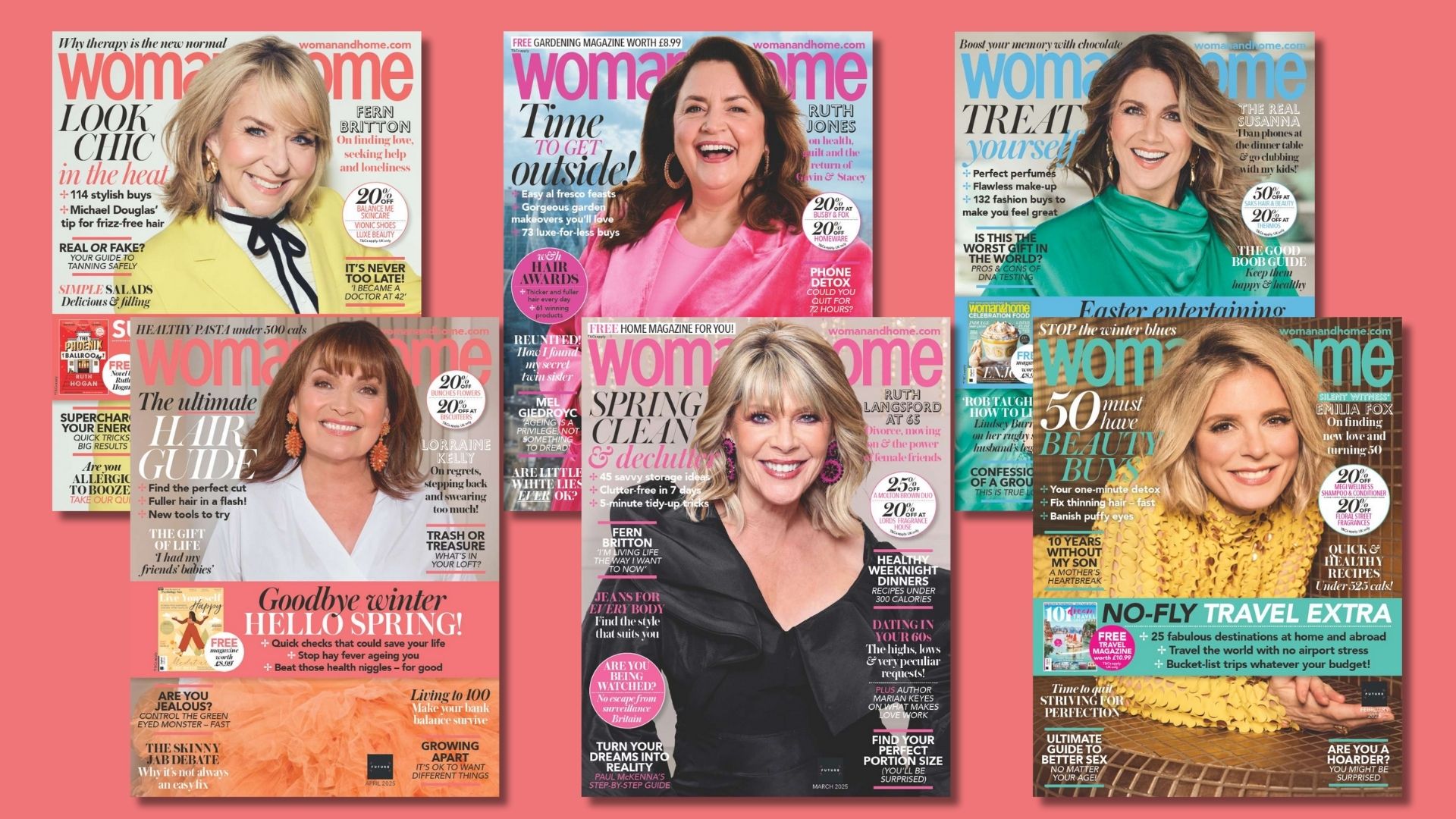 woman&home magazine covers for the July-Feb 2025 issues, featuring Fern Britton, Ruth Jones, Susanna Reid, Lorraine Kelly, Ruth Langsford and Emilia Fox