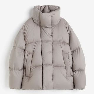 greige puffer jacket with high collar