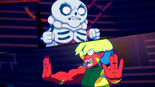 Split screen image of a skeleton dude and red lady duking it out in a trailer for Battle Vision Network.