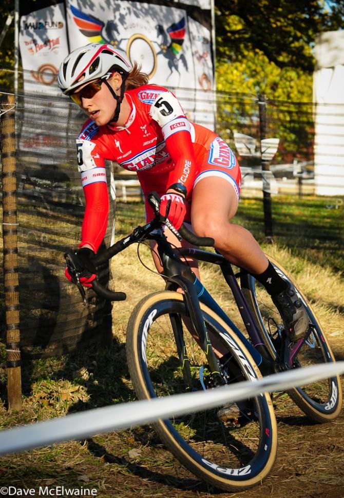 Elle Anderson (Cal Giant Berry Farm/Specialized) racing just 20 seconds behind Compton late in the contest