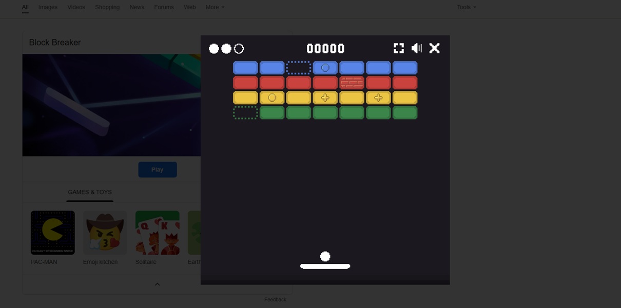 A photo of Google's "Block Breaker" easter egg in Search with four rows of breakable blocks and a singular ball on a paddle.