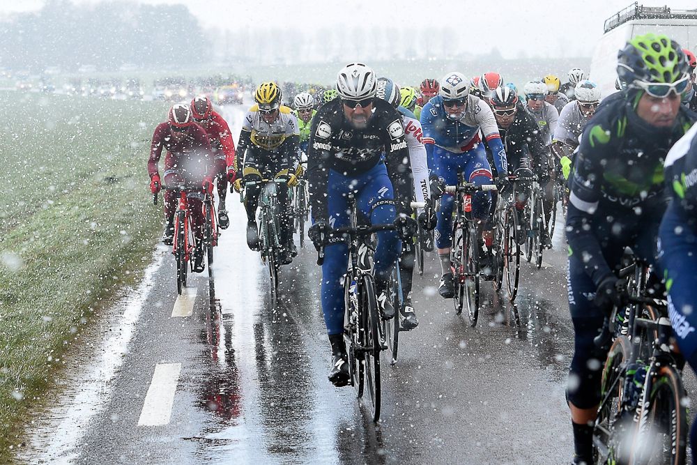 Tom Boonen rides in the snow during stage 1 at Paris-Nice