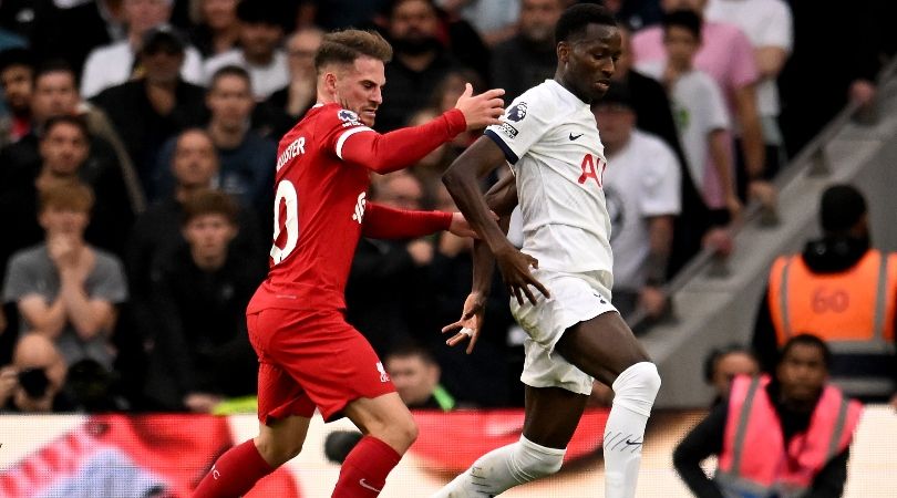 Liverpool midfielder Alexis Mac Allister challenges Tottenham&#039;s Pape Matar Sarr in the teams&#039; Premier League clash in north London in September 2023.