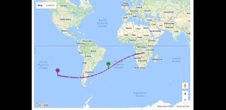 A map of the path of the Feb. 26, 2017, annular solar eclipse. The purple line shows the region where the "ring of fire" eclipse will be visible. A partial solar eclipse will be visible over a wider area.