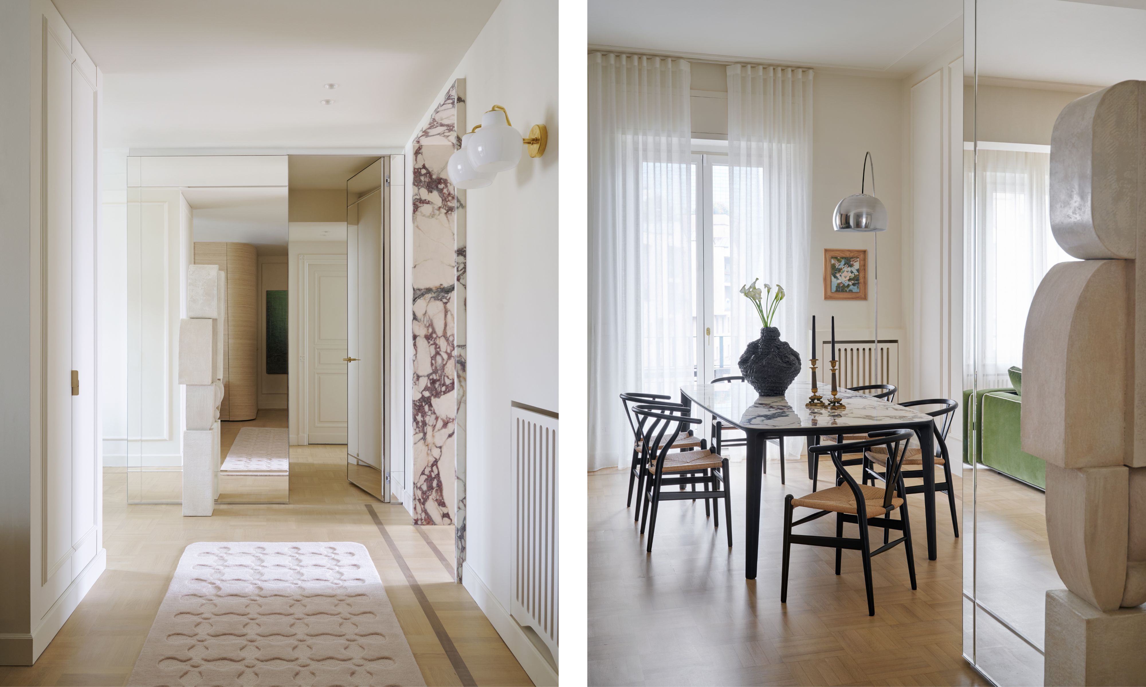 two side by side images of a contemporary Milan apartment with marble doorways and a large mirror encased cabinet