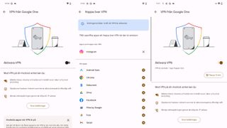 Skärmdumpar över gränssnittet i Google One VPN på en Android-telefon