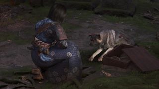 Assassin's Creed Shadows Thrown to the Dogs - The dog Tsuki-maru sitting next to a box as Naoe kneels down.